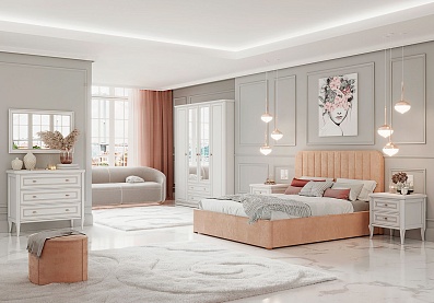 Спальня Онтарио 9, тип кровати Мягкие, цвет Бело-серый